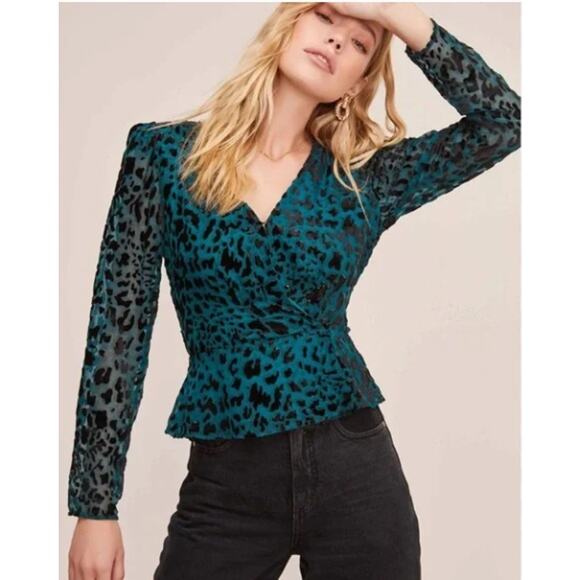 ASTR The Label Women’s Teal Burnout Leopard Wrap Top S Whimsigoth Velvet Blouse - Picture 1 of 8